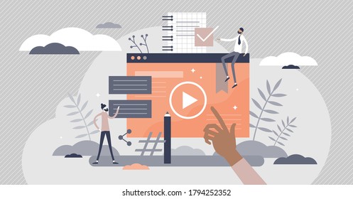 Online courses lesson for distance knowledge web study tiny persons concept. Virtual school using internet services vector illustration. Webinar and digital presentations for personal development.