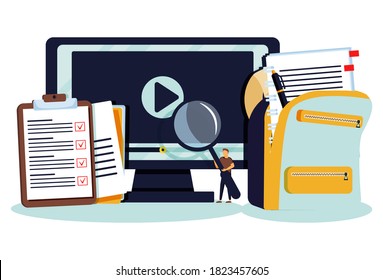 Online courses lesson for distance knowledge web study tiny persons concept. Virtual school using internet services vector illustration. Webinar and digital presentations for personal development.