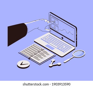 Clases en línea para el concepto de estudio web de conocimiento a distancia isometrick. Escuela virtual con ilustraciones vectoriales de servicios de internet. Seminarios web y presentaciones digitales para el desarrollo personal.