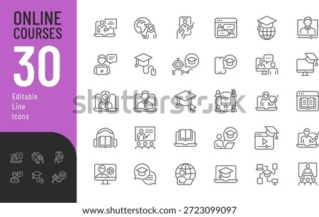
Online Courses Line Editable Icons set. Vector illustration in modern thin style of education related icons: lector, teacher, connection, and more. Isolated on transparent background.
