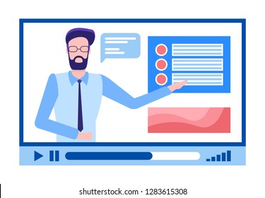 Online courses male in glasses with beard explaining material vector. Person with explanation of tasks, tutor for students to be educated, distant study