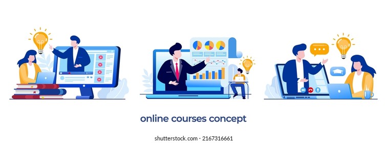 online courses, mentoring, training, video e-learning, presentation concept, seminar, online meeting, flat illustration vector