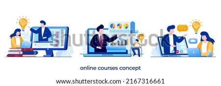 online courses, mentoring, training, video e-learning, presentation concept, seminar, online meeting, flat illustration vector