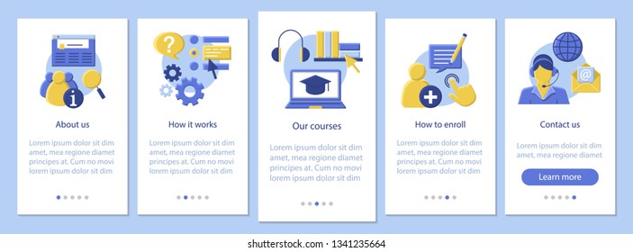 Online courses mobile app page screen vector template. Online classes, school, ecourses information. E-learning. Flat design website instructions. UX, UI, GUI smartphone interface cartoon concept