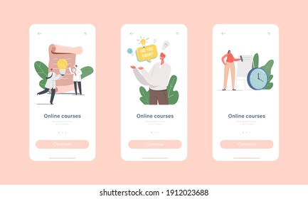 Online Courses Mobile App Page Onboard Screen Template. Tiny Male Female Characters at Huge Paper Scroll and White Board with Glow Light Bulb, Educational Concept. Cartoon People Vector Illustration