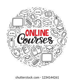 Online courses. Modern web line banner for online education.Circle shape. Linear concept for online university. Calligraphic design for poster, flyer, logo, card, blog or social media.
