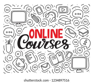 Online courses. Modern web line banner for online education. Linear concept for online university. Calligraphic design for poster, flyer, logo, card, blog or social media.
