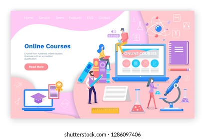 Online courses new innovative study technology vector. Website with text sample, people reading and studying, education with help of laptops mobile. Webpage template, landing page in flat style