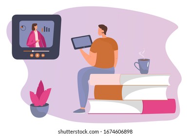 Online Courses on the Tablet. Man Freelancer Sitting on Huge Books With a Cup of Tea.Online Teacher on Computer Monitor. Webinar and Video Seminar Learning.Vector Flat illustration.