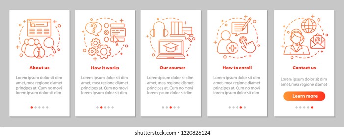 Online courses onboarding mobile app page screen with linear concepts. E-learning service. Distance education. Walkthrough steps graphic instructions. UX, UI, GUI vector template with illustrations