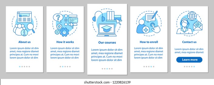 Online courses onboarding mobile app page screen with linear concepts. E-learning service. Distance education. Walkthrough steps graphic instructions. UX, UI, GUI vector template with illustrations