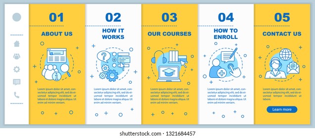 Online courses onboarding mobile web pages vector template. E-learning service. Distance education. Responsive smartphone website interface. Webpage walkthrough step screens. Color concept