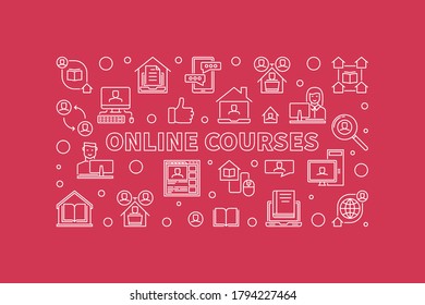 Online Courses outline vector concept horizontal illustration or banner with red background