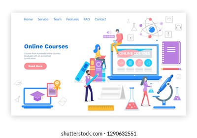 Online courses people learning subjects in internet vector. Students with certificate, busy reading and reviewing material for exams. Microscope and book. Website webpage template landing page in flat