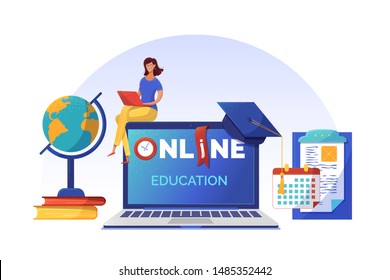 Online courses planning banner flat vector template. Woman studying on Internet cartoon character. Open laptop with typography on screen. Elearning, Internet courses, university distant program