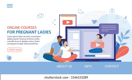 Online Courses for Pregnant Ladies Trendy Flat Vector Web Banner, Landing Page Template. Waiting Childbirth Couple Watching Educational Videos Online, Buying Subscription for Video Lesson Illustration