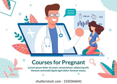 Online Courses for Pregnant Woman Trendy Flat Vector Advertising Banner, Promo Poster Template with Waiting for Childbirth Lady Taking Doctors Consultation in Internet, Watching Video Illustration