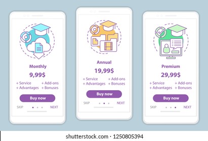 Online courses prices onboarding mobile app screens. Walkthrough website pages vector templates. Monthly, annual, premium tariff plan steps. Subscription, membership payment smartphone web page layout