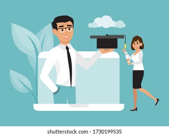 Online courses professional education, male female character internet learning isolated on blue, flat vector illustration. Man standing mobile laptop holding hat, woman student get diploma.