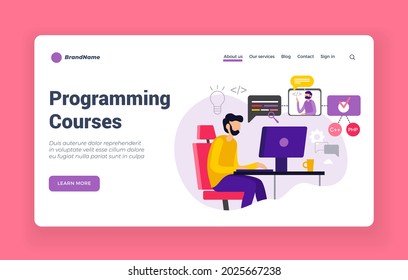 Online courses for programmers. Learning computer languages and coding. Creative development with software training. Digital webinars with professional developers. Vector landing page flat banner