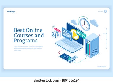 Online courses and programs isometric landing page equipment for distant education and internet studying. Computer with software, files and smartphone, video training technology, 3d vector web banner