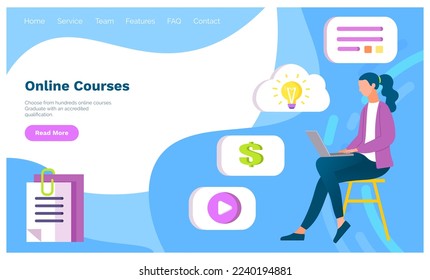 Online courses self study landing page. Teaching and lecturing. E-learning technologies. Distance learning opportunities, self education, internet courses. Student watching video tutorial, training