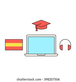 Online courses Spanish language, graduation hat, laptop, headphone. Vector flat icon design on white background. Element for logo. For those who study language.