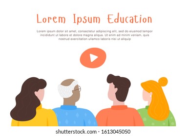 The online courses start web page. The mascot for video tutorials. People in group. Online courses, education, lessons. Flat design modern illustration. 