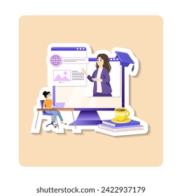 Online courses sticker illustration. Illustrated online courses concept with woman on laptop. Vector sticker illustration
