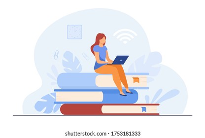 Online courses and student concept. Woman sitting on stack of book and using laptop for studying in internet. Flat vector illustration for distance learning, knowledge, school topics