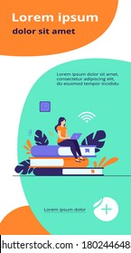 Online courses and student concept. Woman sitting on stack of book and using laptop for studying in internet. Flat vector illustration for distance learning, knowledge, school topics