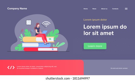 Online courses and student concept. Woman sitting on stack of book and using laptop for studying in internet. Flat vector illustration for distance learning, knowledge, school topics