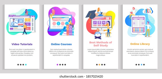Online courses for students, video tutorials internet interaction with teacher digital library with ebooks and publications for students education. Website or slider app, landing page flat style