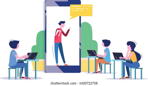 Online courses. Students watching online training video with teacher and chart on tablet. Online teaching, english teacher online concept. Website vibrant violet landing web page template.