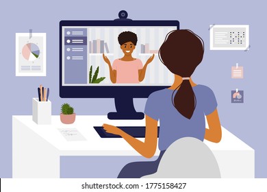 Online Courses, Studying Or Education. Video Call, Networking Or Conference By Computer. Team Work, Talking With Partner. Hiring, Job Interview, Employment. Home Office, Work Place Vector Illustration