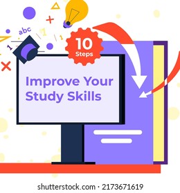 Online courses for studying, obtaining knowledge, and education. Improve your skills and develop personally. Ten steps for better lessons completions, business colleges. Vector in flat style