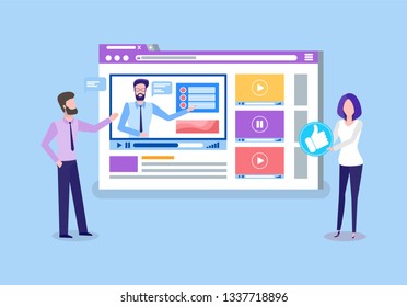 Online courses teachers uploading tutoring videos vector. People professional tutors looking on screen, lady holding thumb up like button remote education