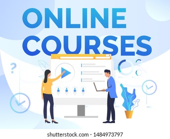 Online courses text with students watching video on desktop vector illustration. Online education, company website, webinar. Online courses concept. Can be used for webpages, presentations, flyers