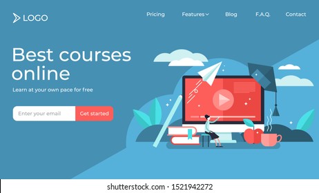 Online Courses Tiny Person Vector Illustration Landing Page Template Design. Modern Knowledge Development Using Internet Training Teaching. Webinar And Distance Lesson Service. Web Presentation Video.