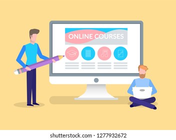 Online courses, training of student by male tutor vector. People learning in distance, distant education obtaining of knowledge. Computer with website