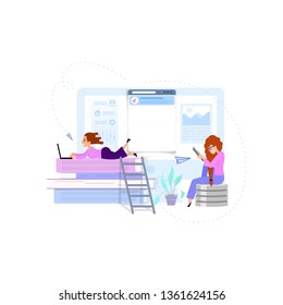 Online courses and trainings - concept illustrations, tiny people on the background of the monitor, are engaged on the tablet.