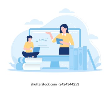 Online courses and tutorials using computers and laptops trending concept flat illustration