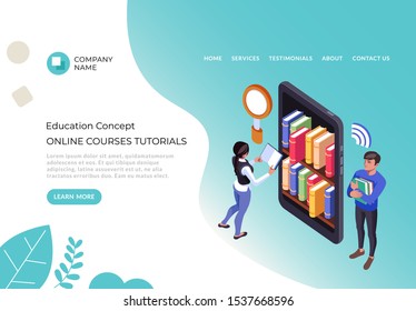 Online courses tutorials web library university concept. Vector flat cartoon graphic design illustration