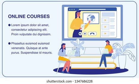 Online Courses, University Vector Banner Layout. Distance Learning, Education Poster with Text Space. Video Lesson, Tutorial. Webinar. Female Teacher Character. Women Working on Laptops at Home