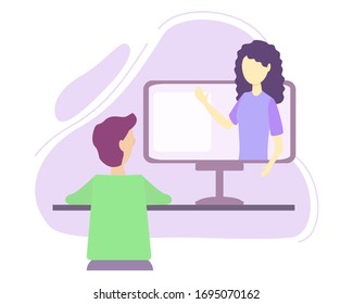 Online Courses Vector Illustration. Flat Person Learn Virtual Concept. Modern Knowledge Development Using Internet Training, Teaching. Webinar And Distance Lesson Service. Web Presentation Video.