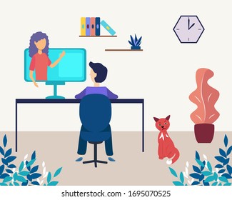 Online Courses Vector Illustration. Flat Person Learn Virtual Concept. Modern Knowledge Development Using Internet Training, Teaching. Webinar And Distance Lesson Service. Web Presentation Video.