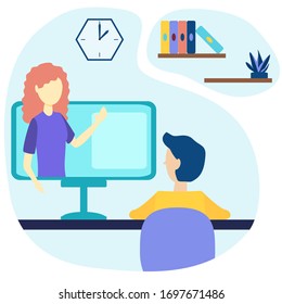 Online courses vector illustration. Flat person learn virtual concept. Modern knowledge development using internet training, teaching. Webinar and distance lesson service. Web presentation video.