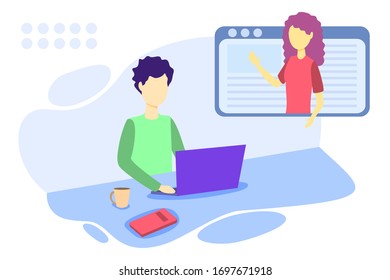 Online courses vector illustration. Flat person learn virtual concept. Modern knowledge development using internet training, teaching. Webinar and distance lesson service. Web presentation video.