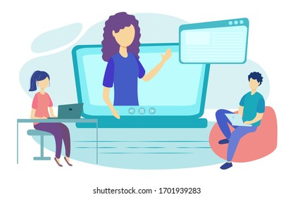 Ilustración vectorial de cursos en línea. Persona plana aprende concepto virtual. Desarrollo moderno del conocimiento mediante la formación en Internet, la enseñanza. Servicio de seminarios web y clases a distancia. Vídeo de presentación web