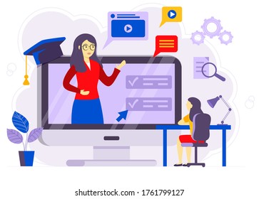 Online Courses Vector Illustration. Flat Person Learn Virtual Concept. Modern Knowledge Development Using Internet Training, Teaching. Webinar And Distance Lesson Service. Web Presentation Video